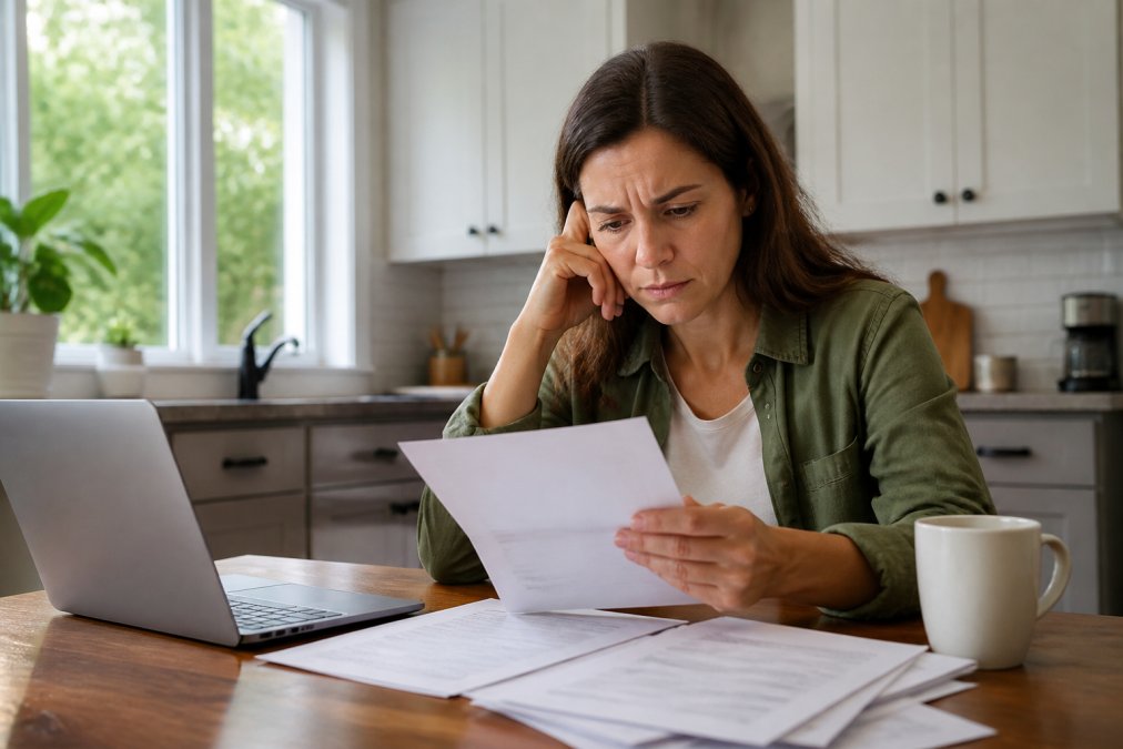 A homeowner reviewing a denial letter at a kitchen table with a laptop and paperwork, looking concerned, soft morning light through a window