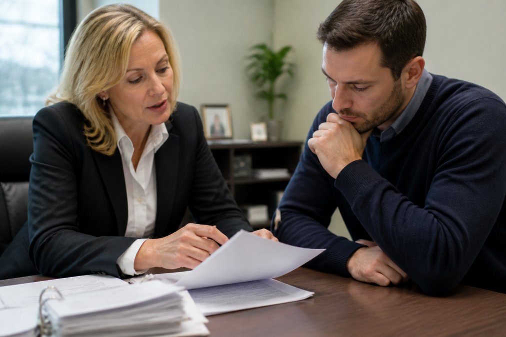 Professional insurance agent reviewing policy documents and claims history with client at modern office desk, both focused on paperwork with laptop visible in background