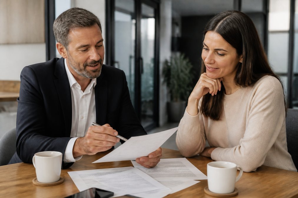 Insurance specialist in professional attire having friendly consultation with client in modern office, discussing policy documents and options with coffee cups on desk