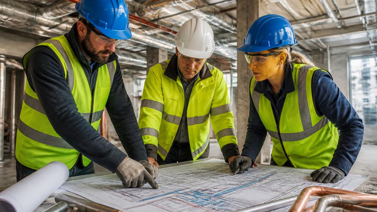 Professional team of mechanical, electrical, and plumbing engineers reviewing integrated building services design plans together at a construction site workstation, pointing at coordinated MEP systems on technical drawings