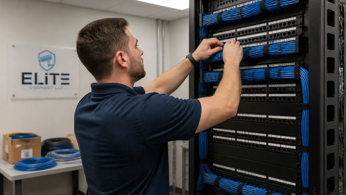 Technician organizing bundled network cables into a labeled patch panel for integrated cabling systems