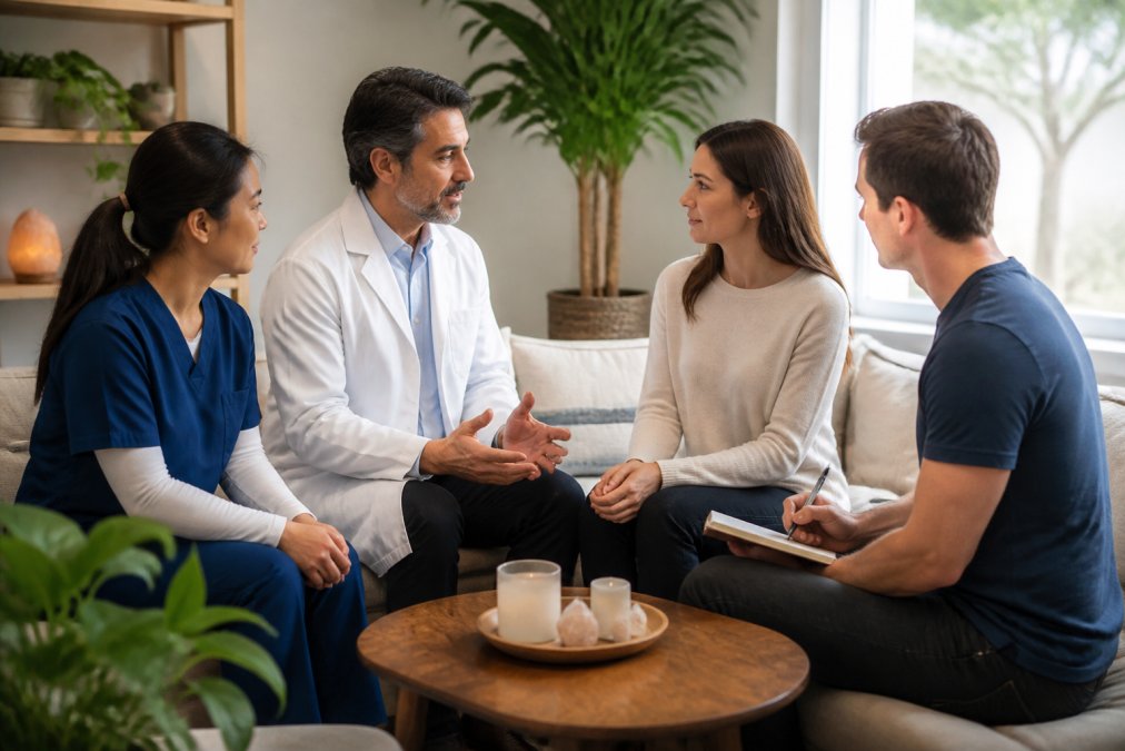 Professional healthcare practitioners from different disciplines consulting together with a patient in a modern wellness clinic setting with warm natural lighting