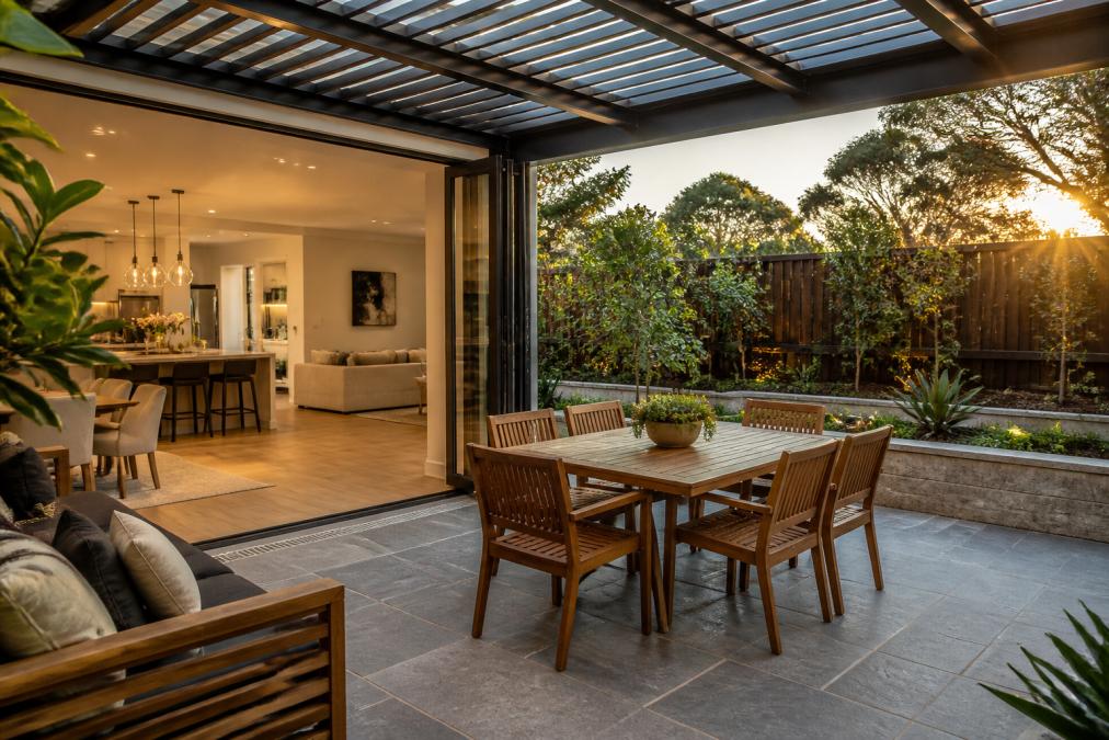 Modern outdoor entertaining area seamlessly connected to home interior through open glass doors, with integrated paved alfresco space, pergola overhead, timber seating, and garden beds visible in background during golden hour lighting