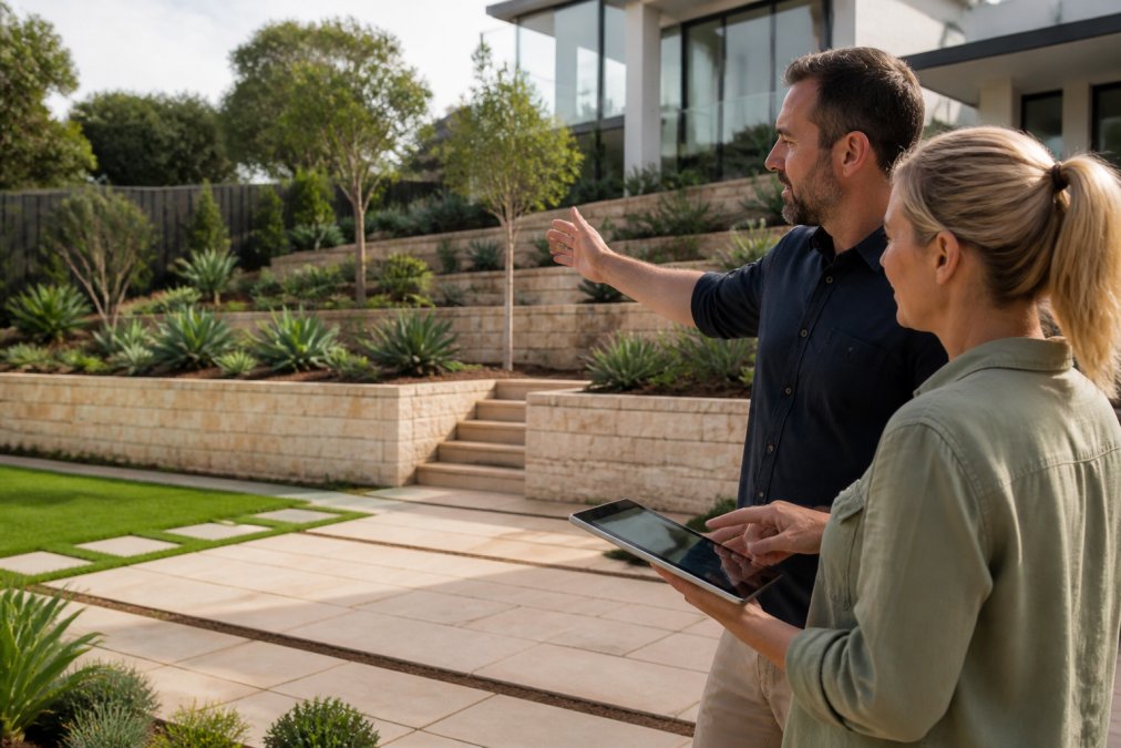 Landscape designer or homeowner on-site reviewing 3D design plans on tablet, gesturing toward terraced garden area with visible retaining walls, paving layout, and garden beds in natural daylight