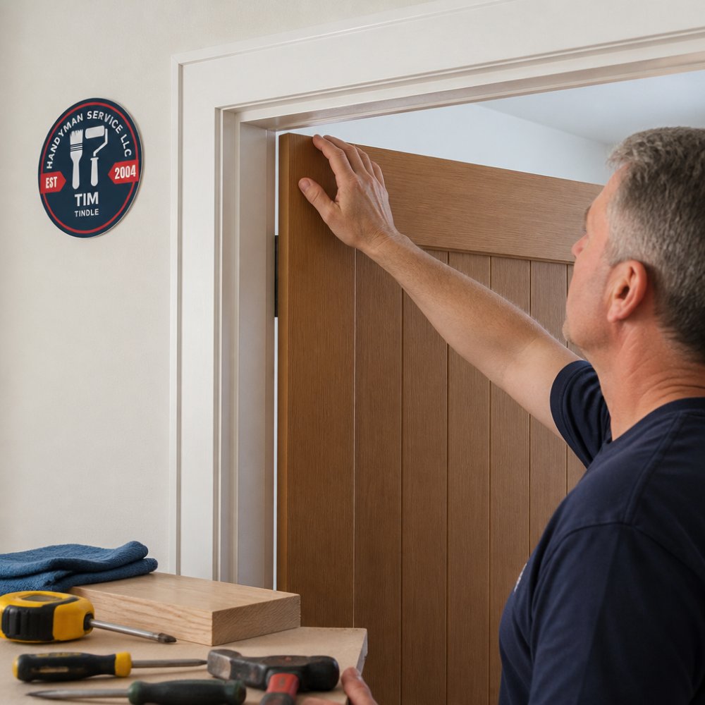 Hand checking the gap between a wooden frame and door when interior doors stick in summer heat