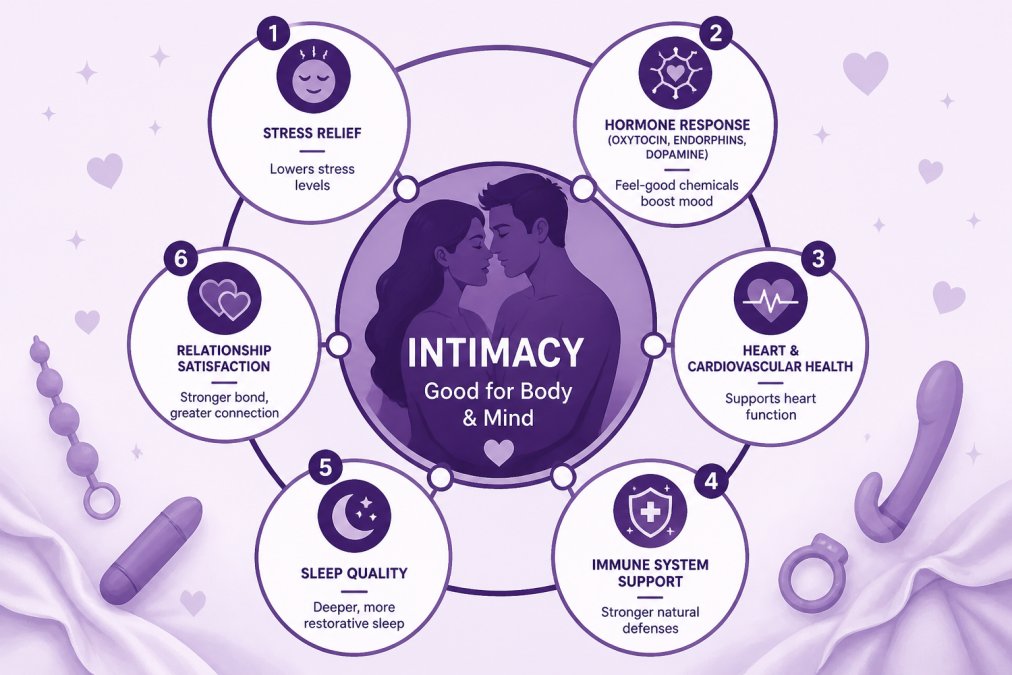 Circular diagram mapping six key health benefits of intimacy, including stress relief, hormone response, and sleep quality.