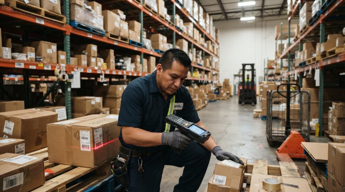 Warehouse worker scanning barcodes on boxes with a handheld device, shelves of inventory in background under fluorescent lighting, worker focused on screen