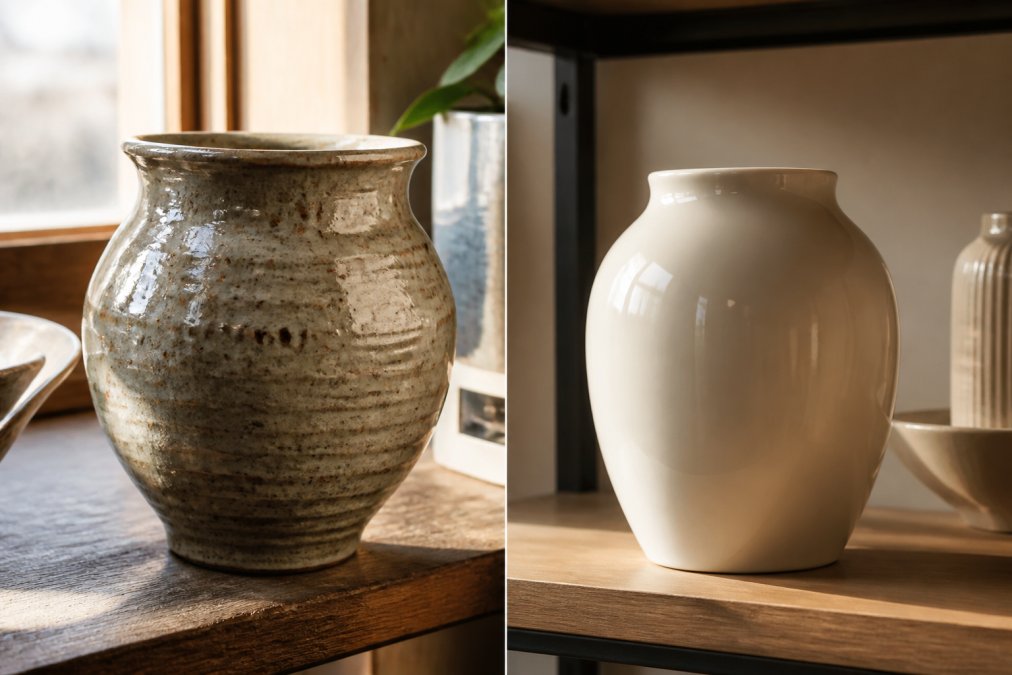 Close-up of handcrafted ceramic vase with visible artisan details, subtle glaze variations, and natural texture displayed on a styled wooden shelf with warm natural lighting from a nearby window