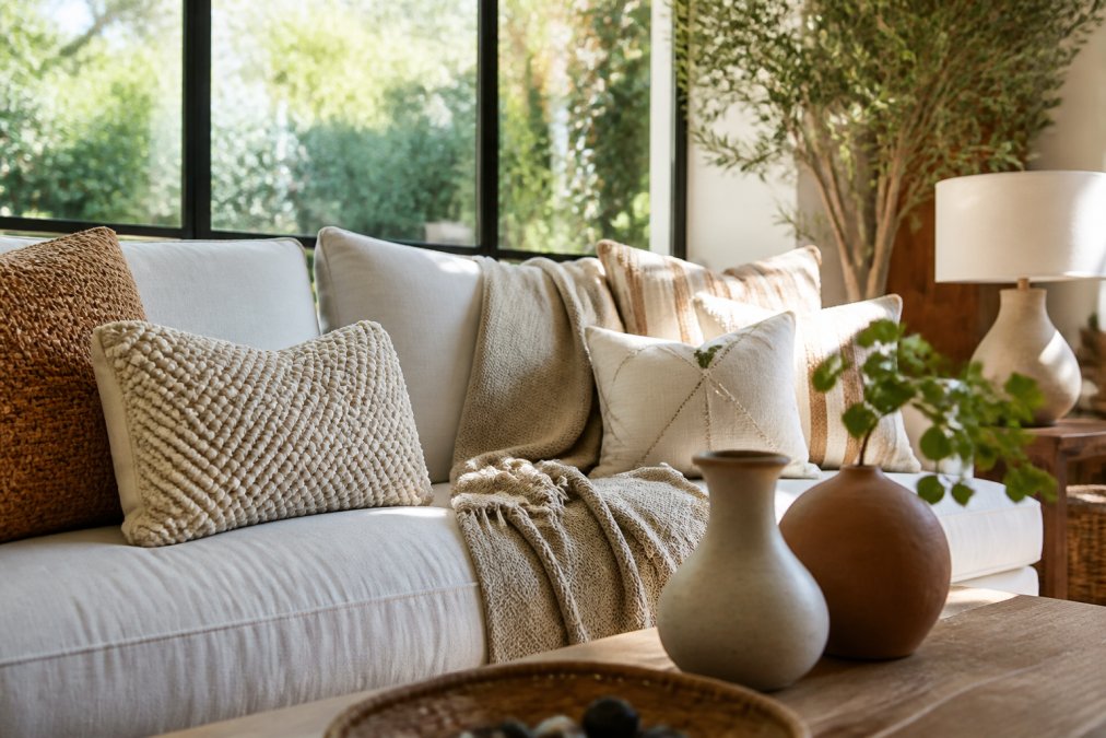 Elegantly styled living room interior featuring curated artisan pieces including a hand-woven throw pillow in neutral tones, ceramic vases with organic shapes, and decorative textiles arranged on a modern sofa with warm natural lighting from large windows