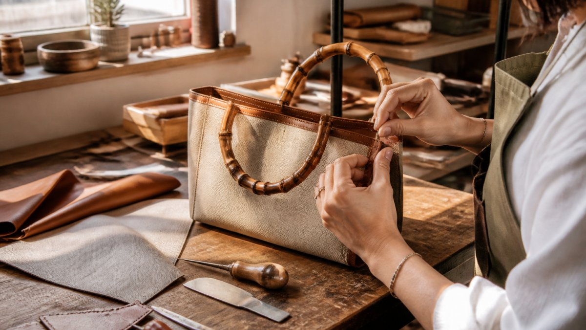 Close-up of an artisan's hands stitching leather trim onto a structured handbag at a workbench, with bamboo handles, fabric swatches, and small tools visible in a sunlit studio