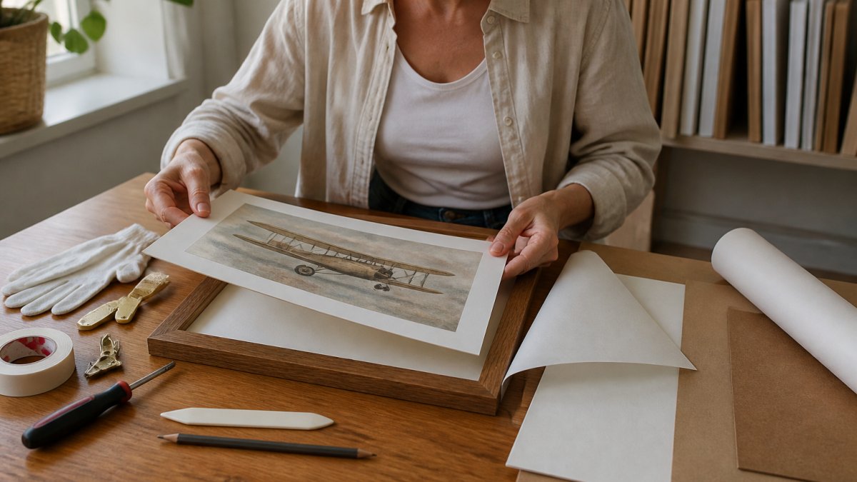 A person carefully placing a framed art print into a wooden frame on a table, with acid-free backing paper and framing tools nearby in a well-lit room