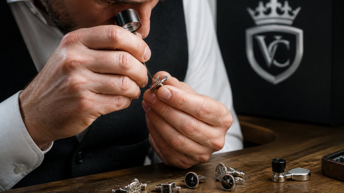 Craftsman's hands examining sterling silver cufflinks with jeweler's loupe, revealing intricate hallmarks and detail work on polished metal surface under focused lighting