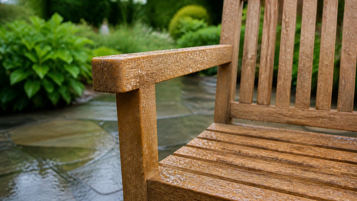 Water droplets beading on the weathered teak grain of a garden chair on a stone patio after a rain shower