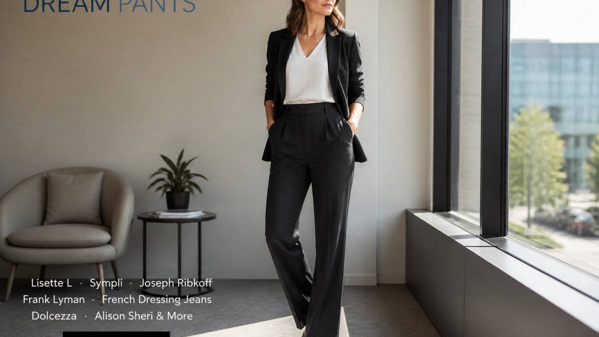 Professional woman wearing high-waisted tailored trousers with a fitted blazer, standing confidently in natural office lighting with proper posture, demonstrating how correct fit creates an elongated, balanced silhouette
