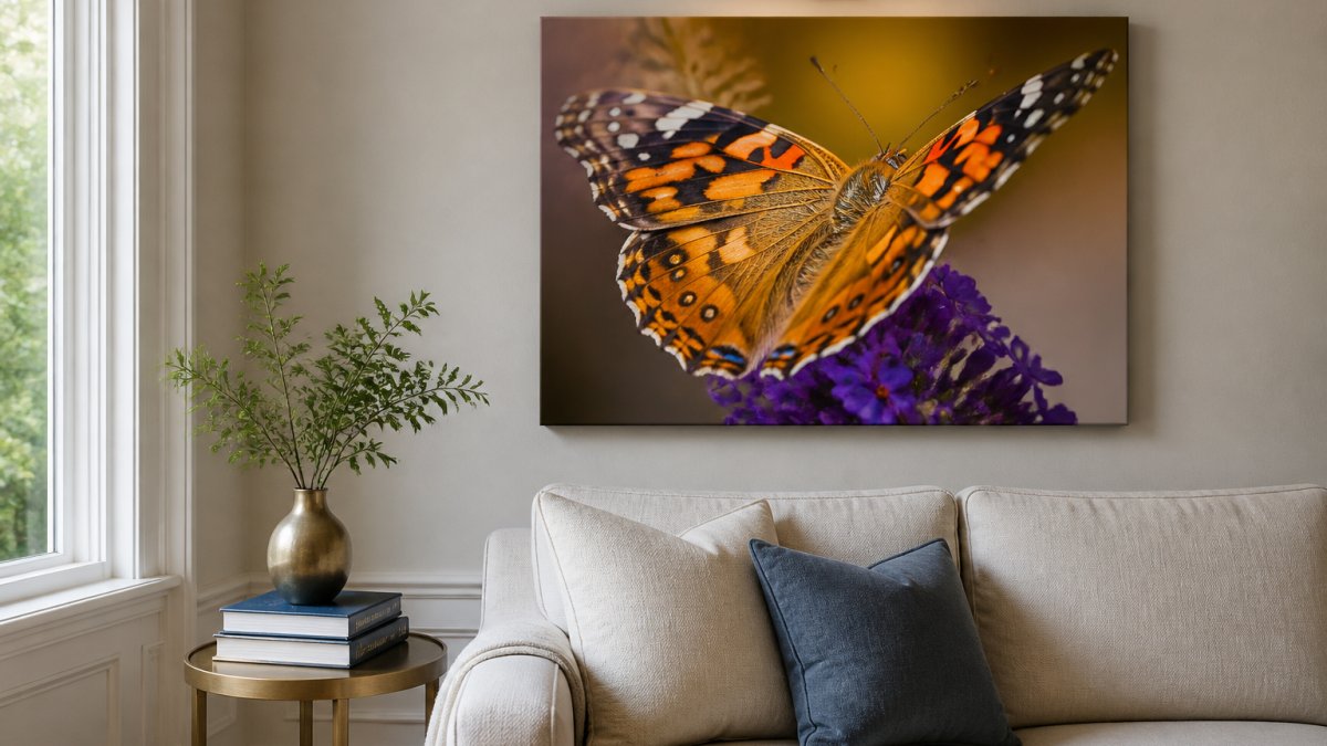 Infographic showing the steps for selecting and displaying a gallery-wrapped canvas giclée print in a home.