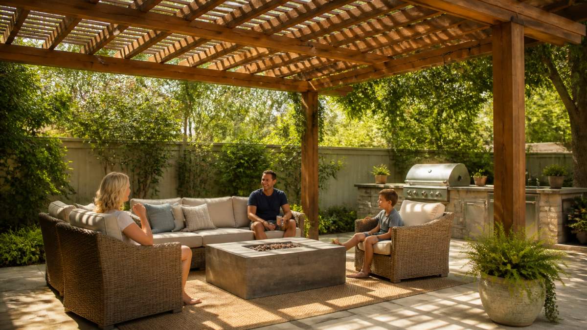 A family relaxing under a cedar wood pergola in a lush backyard, with comfortable patio furniture and dappled sunlight filtering through the slatted roof