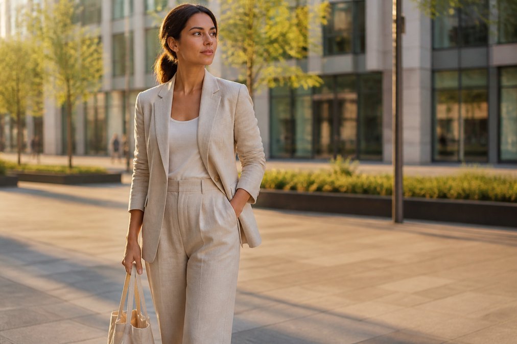A stylish woman in a well-tailored linen blazer and matching trousers stands confidently in a bright, modern urban plaza, holding a reusable canvas tote bag, soft golden-hour lighting