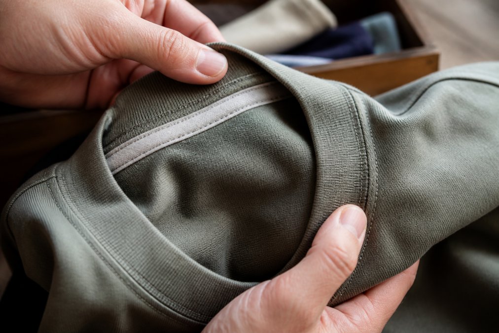 Close-up of hands examining fabric texture and double-needle stitching on a heavyweight cotton t-shirt, showing taped collar detail and seam construction
