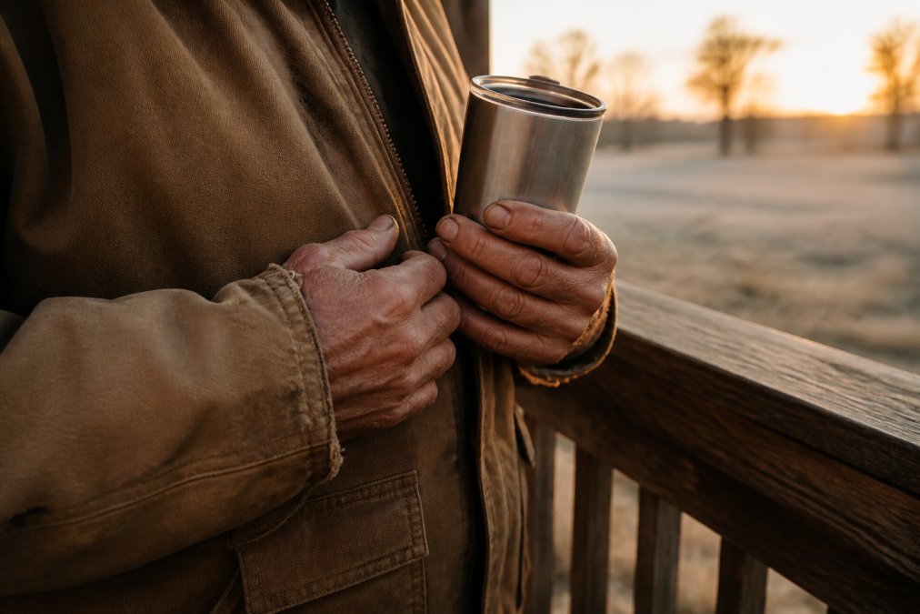 Close-up of weathered hands gripping the heavy cotton duck cloth of a well-worn work jacket while holding a matte stainless steel insulated tumbler, set against a rustic wooden porch railing in warm morning light