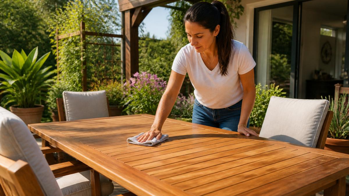 A homeowner in casual clothes wiping down a teak outdoor dining table with a soft cloth on a sunny patio, potted plants and cushioned chairs nearby