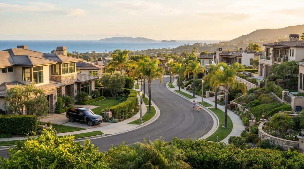 Upscale residential street lined with modern luxury homes, manicured hedges and palm trees, ocean views visible in the distance, golden afternoon light