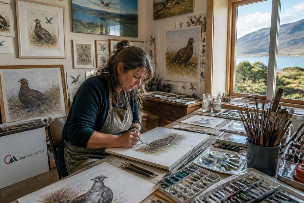 A Highland artist working in a bright studio surrounded by original wildlife paintings and sketches, natural light streaming through windows with Scottish landscape visible beyond, brushes and palettes scattered across the work surface