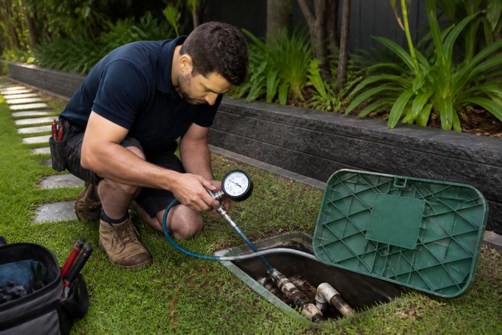 Professional technician inspecting underground irrigation pipes and checking for water leaks in a residential garden, using diagnostic equipment to measure water pressure and flow