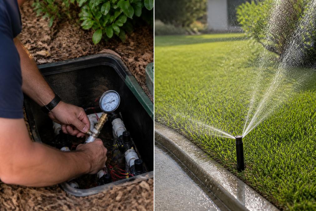 Qualified irrigation technician using diagnostic pressure gauge and inspection tools to test system valves and controller programming in a residential garden setting, with visible sprinkler heads and underground pipes