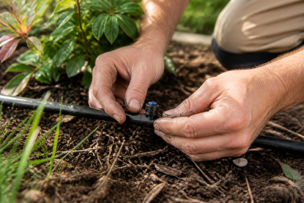 Professional technician's hands inspecting irrigation emitter and drip line in garden bed, checking for sediment buildup and cracks, with garden foliage in soft afternoon light