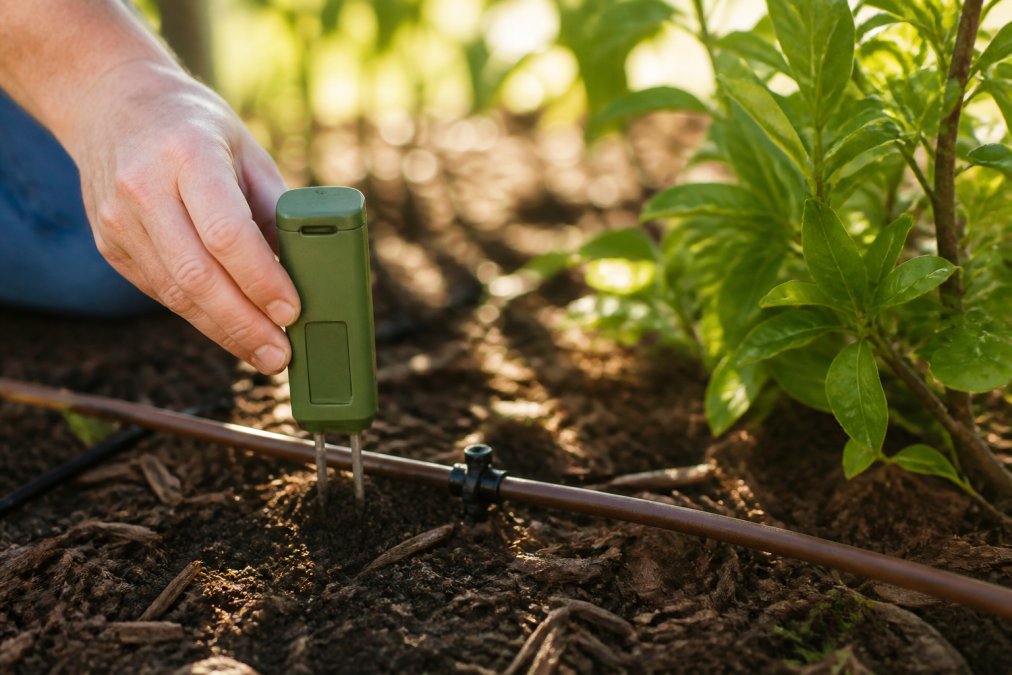 Homeowner inserting soil moisture sensor stake into garden soil near irrigation drip line, with established plants and mulch visible in background, morning sunlight