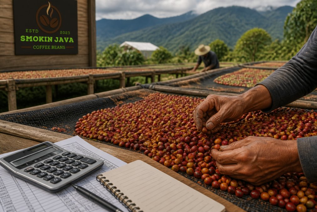 Close-up of hands sorting freshly picked coffee cherries on a raised drying bed at a high-altitude farm, with green mountains in the background