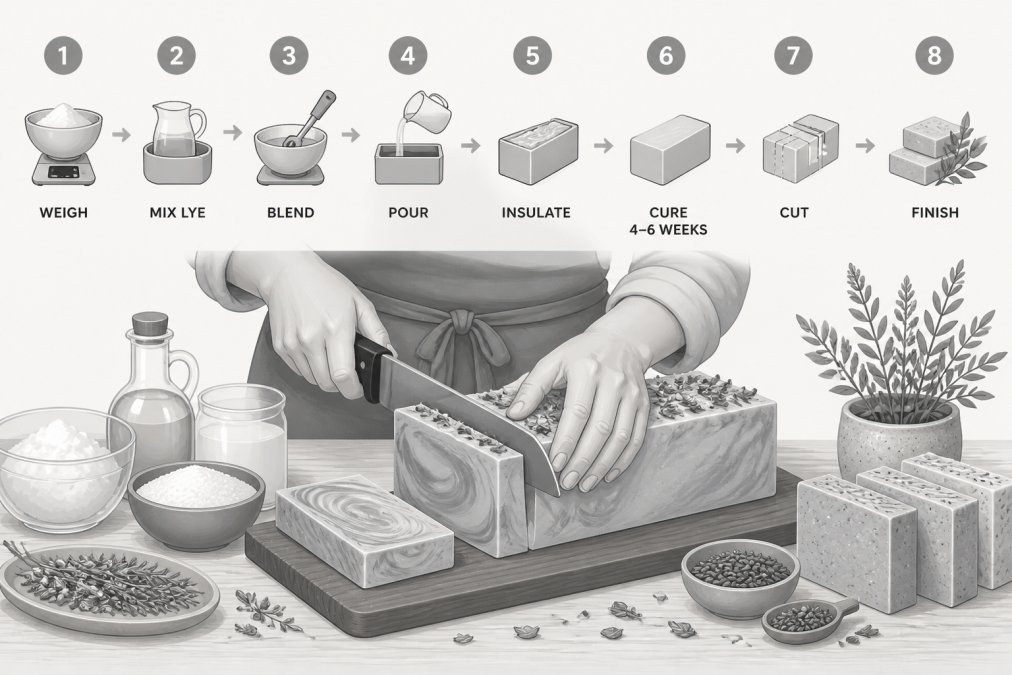 Artisan soap maker's hands cutting a fresh loaf of colorful cold process soap on a wooden table, natural ingredients and botanicals nearby, warm workshop lighting