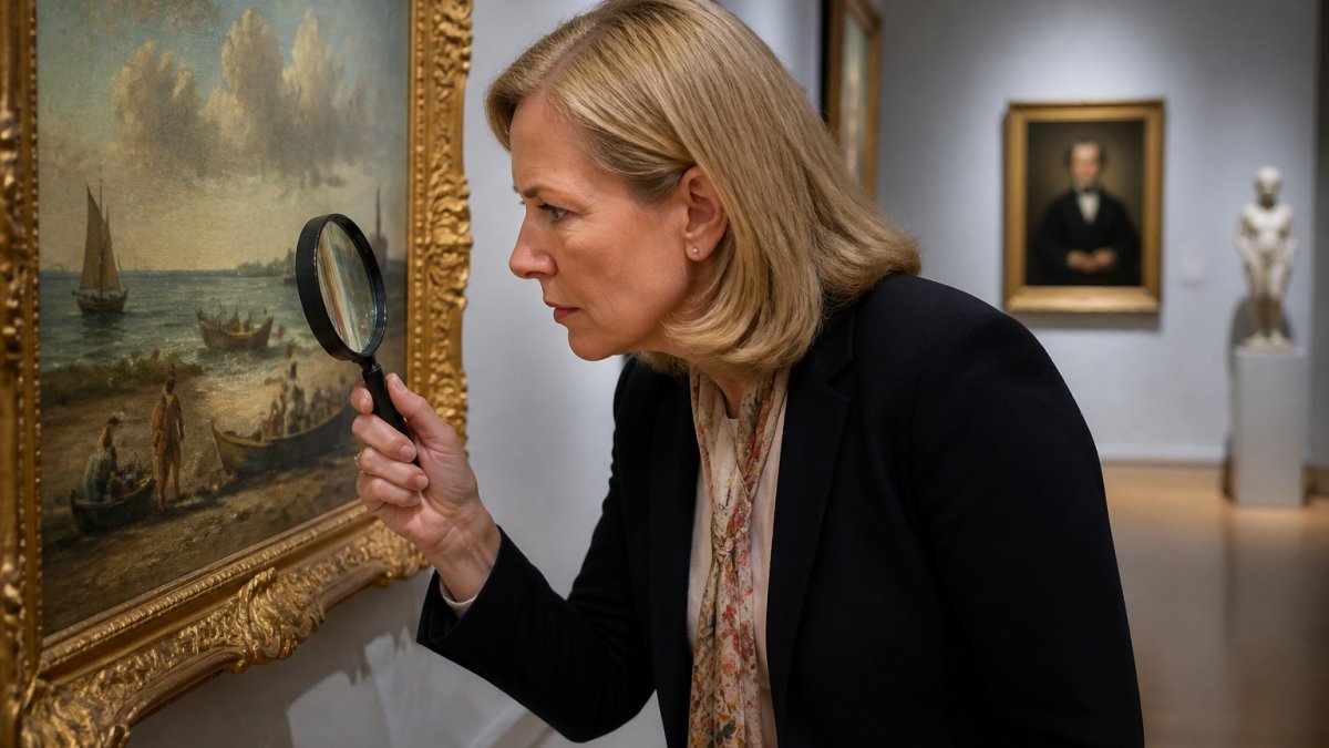 Collector examining the brushwork and condition of a fine art painting with a magnifying glass in a gallery