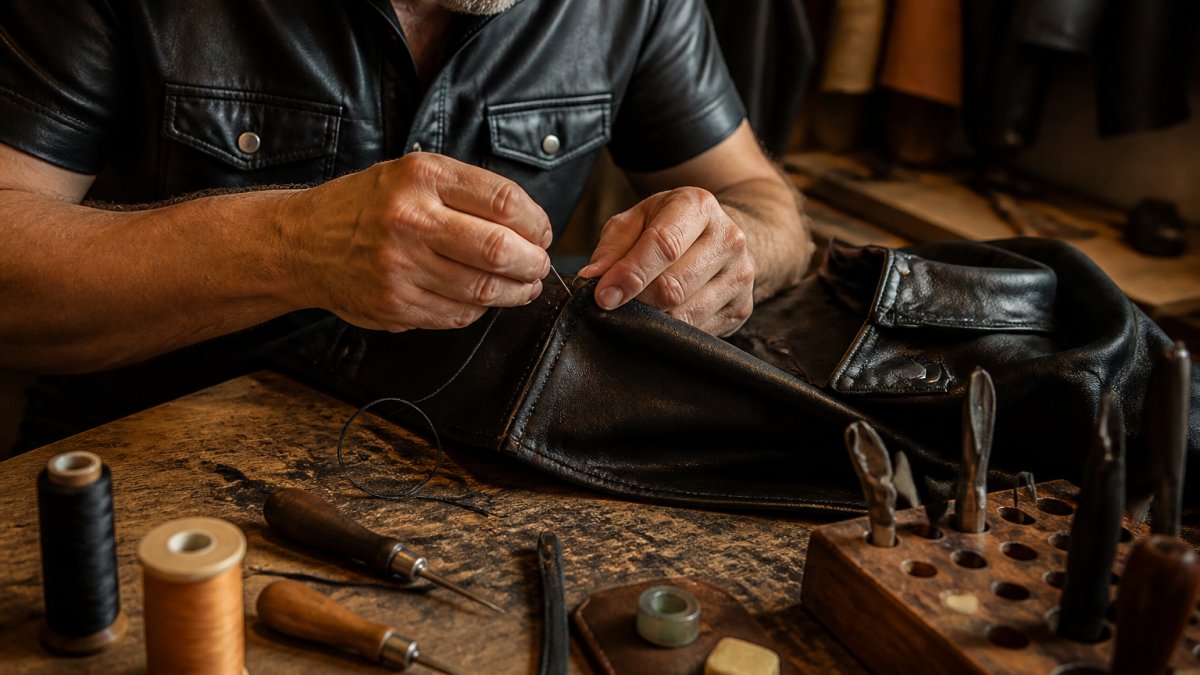 Close-up of a leather craftsman's hands hand-stitching a black leather shirt on a workbench, with awls and waxed thread visible under warm workshop lighting