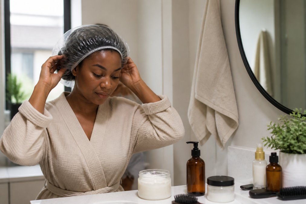 Woman with 4C hair applying deep conditioner in a bathroom, helping you understand why is my 4c hair always dry