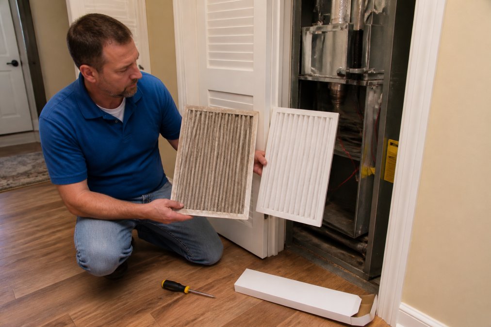 Homeowner replacing a dusty air filter in an HVAC unit to fix an AC blowing warm air issue
