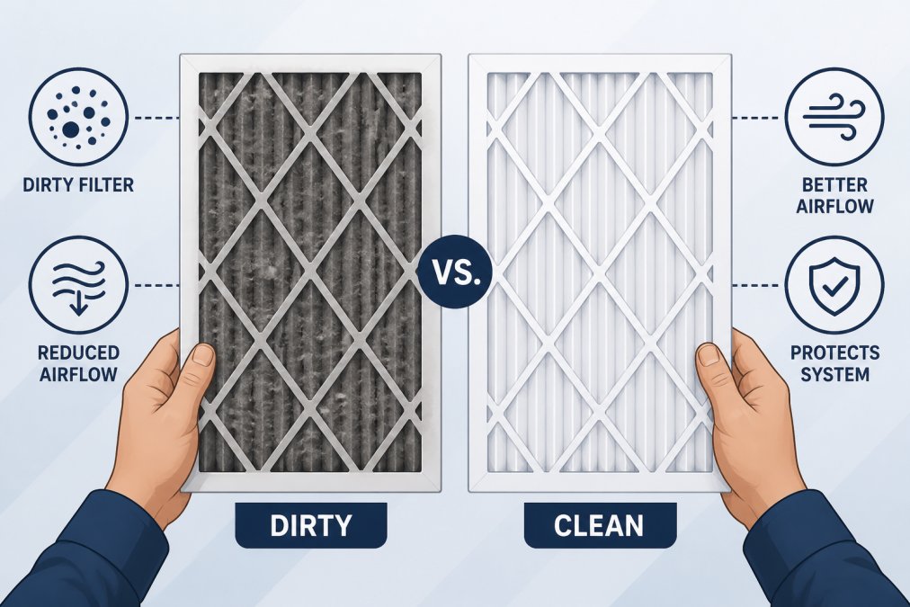 Close-up of a heavily clogged, gray AC air filter being held by a person's hand next to a clean white replacement filter, showing the stark contrast between a dirty and new filter in a well-lit utility room