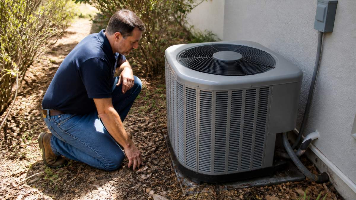 A homeowner in a garage inspecting the outdoor condenser unit on a hot, sunny day, with the fan visibly running and nearby landscaping debris visible around the base