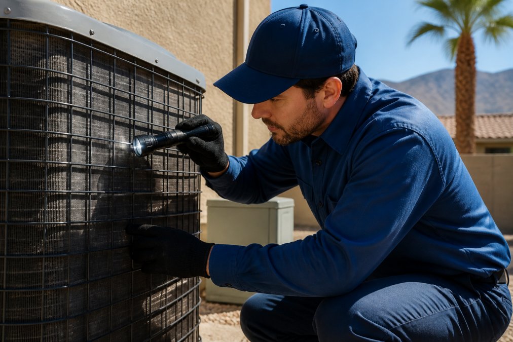 HVAC technician in a branded uniform crouching beside an outdoor condenser unit on a sunny Las Vegas residential property, inspecting the aluminum coil fins with a flashlight in bright afternoon sunlight