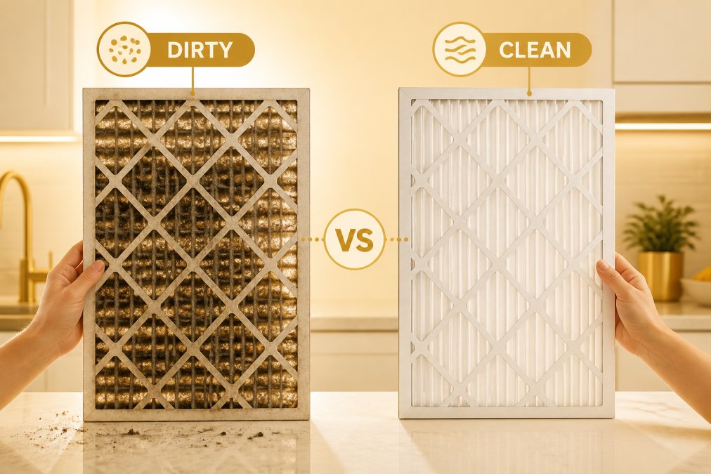 Close-up of a visibly dirty, clogged HVAC air filter held up against bright light next to a clean white replacement filter, showing the stark contrast between the two on a residential kitchen counter