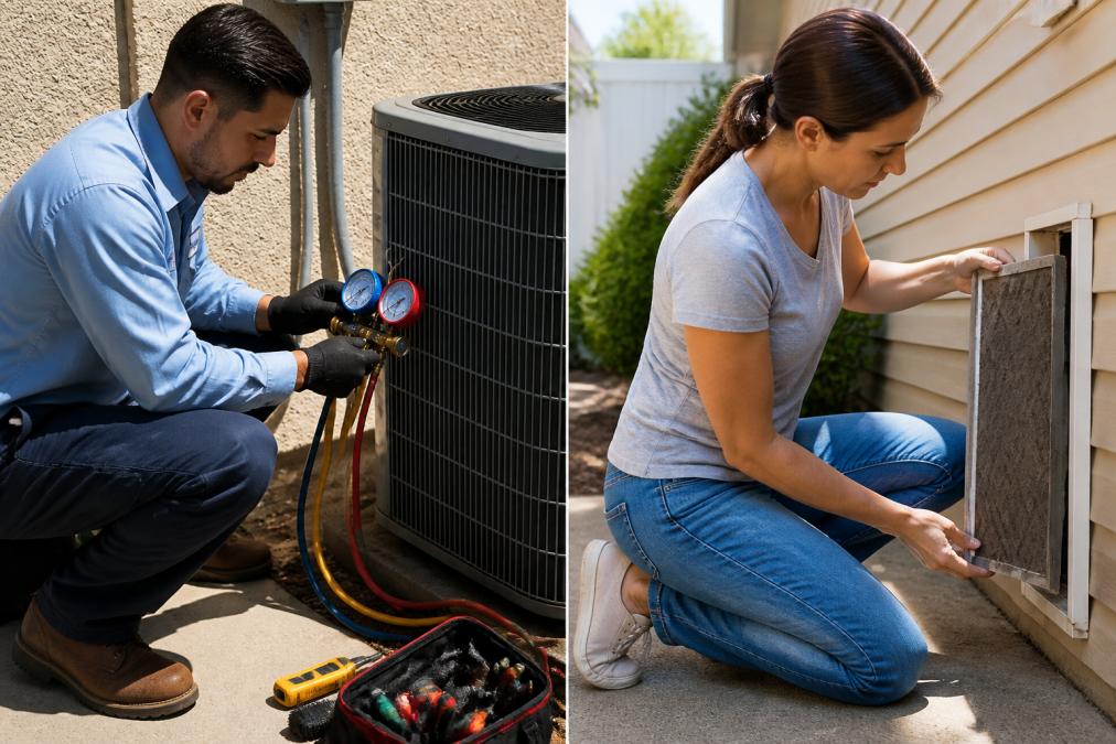 A licensed HVAC technician in a branded uniform crouching beside an outdoor condenser unit on a sunny residential property, connecting refrigerant gauges to service ports with tools laid out on the ground nearby
