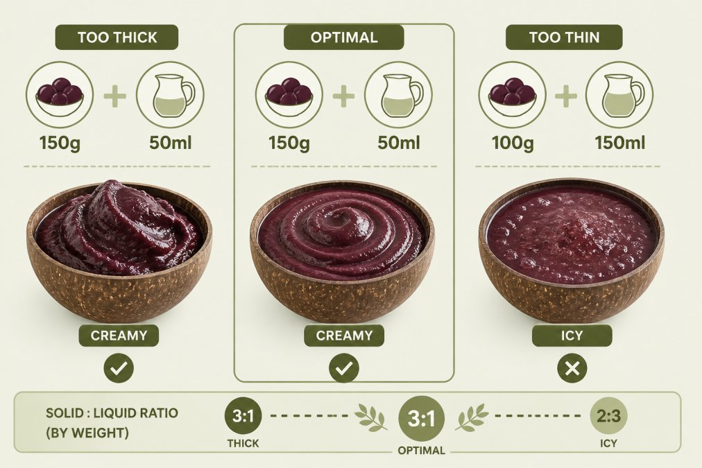 Diagram showing solid-to-liquid ratio comparison: 150g frozen açai + 50ml liquid = creamy texture, 100g frozen açai + 150ml liquid = icy texture, optimal ratio 3:1 fruit to liquid by weight