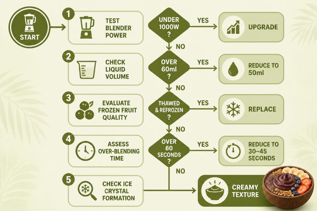 Flowchart decision tree for diagnosing icy acai: Start → Test blender power (under 1000W = upgrade, over 1000W = continue) → Check liquid volume (over 60ml = reduce to 50ml, under 50ml = continue) → Evaluate frozen fruit quality (thawed and refrozen = replace, properly frozen = continue) → Assess over-blending time (over 60 seconds = reduce to 30-45 seconds, under 60 seconds = check ice crystal formation) → Result: creamy texture
