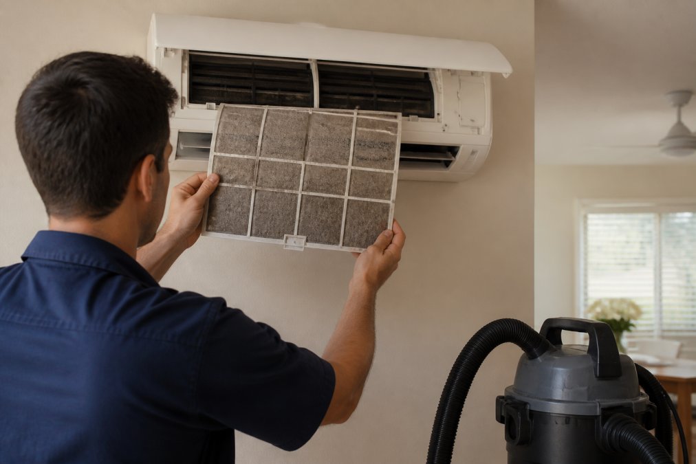 A person removing a dusty air filter from a wall-mounted air conditioner indoor unit, holding it up to show the dirt, with a vacuum cleaner nearby in a bright home setting