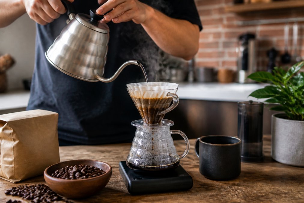 Close-up of hands pouring hot water from a gooseneck kettle over a pour-over dripper filled with coffee grounds, steam rising, on a wooden kitchen counter with a digital scale and coffee bag nearby