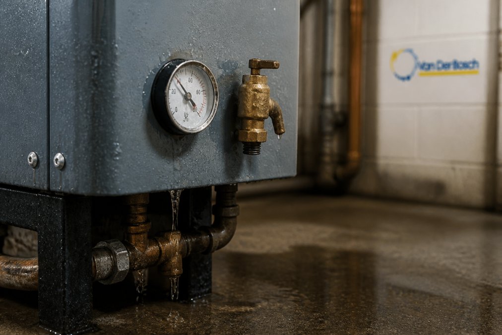 Diagram illustrating a boiler leaking water from the pressure gauge and relief valve onto the floor surface.