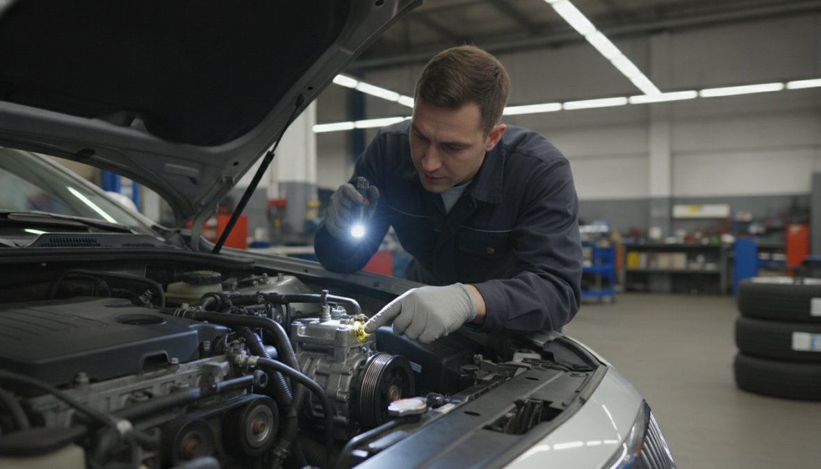 A mechanic in a well-lit workshop leaning over an open engine bay, shining a torch at the AC compressor and surrounding refrigerant hoses on a mid-size family car