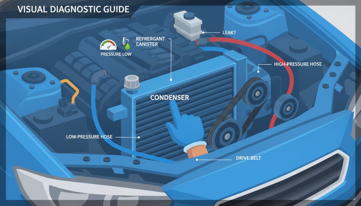 Close-up of a car engine bay in bright natural daylight showing the condenser, refrigerant hoses, and drive belt, with a person's hand pointing toward the condenser unit near the front of the vehicle