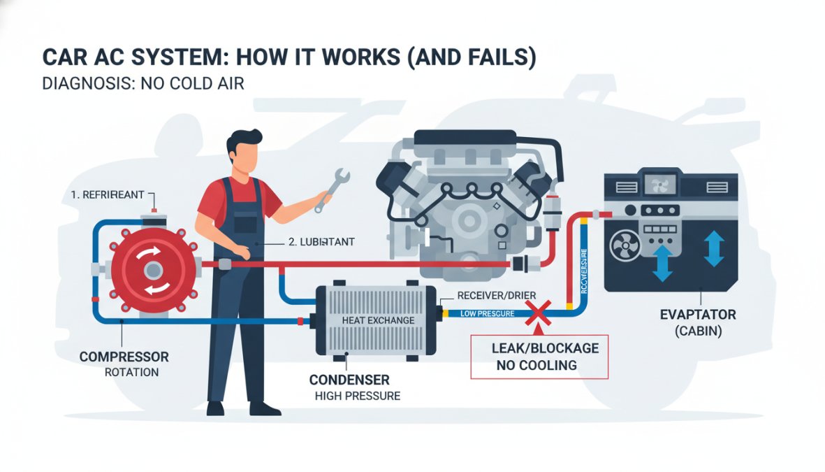 Professional illustration showing why is my car air conditioning not cold