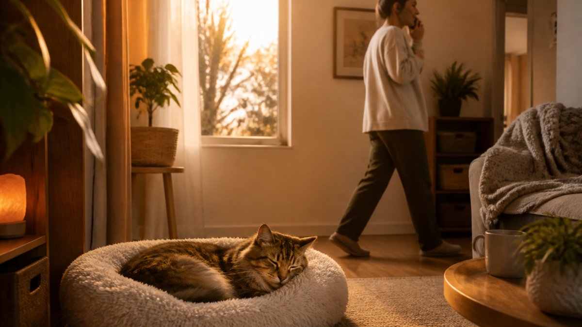 A calm cat relaxing on a cosy bed in a quiet, dimly lit room with soft furnishings and natural light.
